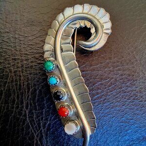 Native American Navajo Indian Silver Turquoise Coral Feather Pin